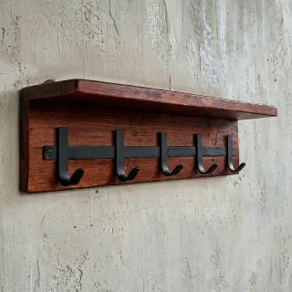 Perchero de Pared y Estante de madera con 5 Ganchos D-2 — 17.2 × 60 × 15 cm