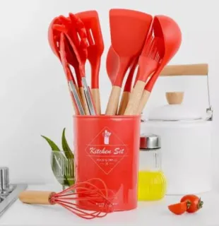 Set de 12 Utensilios De Cocina Mango Madera Punta Silicona
