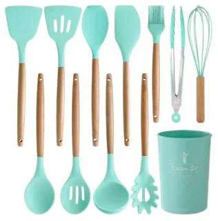 Set de 12 Utensilios De Cocina Mango Madera Punta Silicona