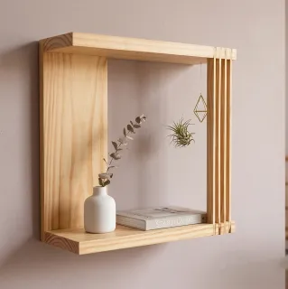 Estante Cubo Flotante Nórdico con Varillas | Diseño Japandi de Madera