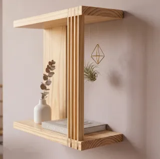 Estante Cubo Flotante Nórdico con Varillas | Diseño Japandi de Madera