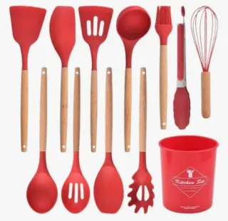 Set de 12 Utensilios De Cocina Mango Madera Punta Silicona
